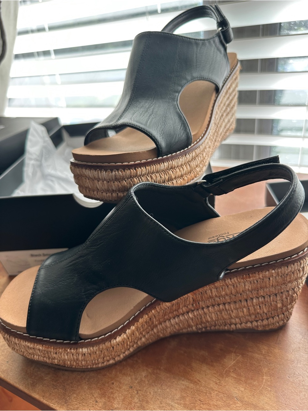 NIB Corkys Black Leather Slingback Wedge Sandals with Espadrille Platform - Picture 6 of 13